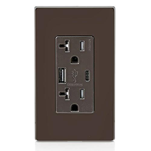 Image of Leviton Type A & Type-C USB in-Wall Charger with 20A Tamper-Resistant Outlet, USB Charger for Smartphones and Tablets. Not for Laptops, T5833-B, Brown