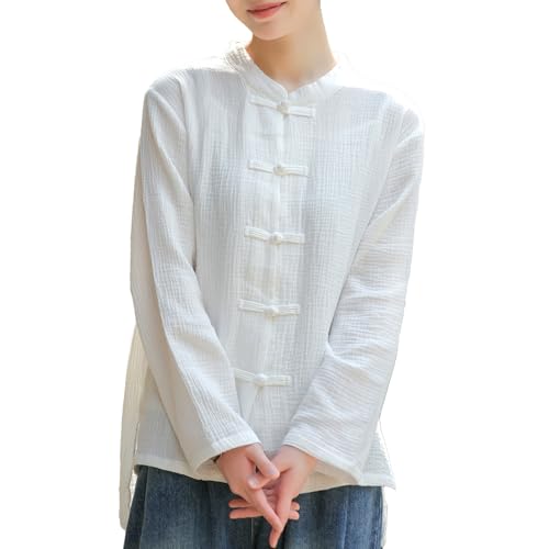 FioraMosaic Traditional Chinese Style Cotton Mandarin Collar Jacket, Long Sleeve Button-Front Top, Available in Black, Red, White (US, Alpha, One Size, Regular, Regular, White)