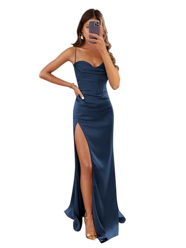 Image of Women's Mermaid Prom Dress with Slit Satin Bridesmaid Dresses Long Corset Evening Formal Party Gown