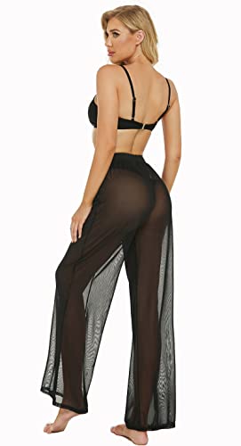Awoscut Women See Through Sheer Mesh Pants Beach Swimsuit Bikini Bottom Cover up Party Club Elastic High Waist Wide Leg Pants3
