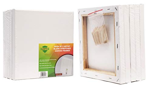 ADEPTNA Lot de 5 cadres en toile vierge tendue 100 % coton de qualité sans acide avec triple apprêt enduit gesso et 40 clés de serrage, blanc, 20CM X 20CM Cover