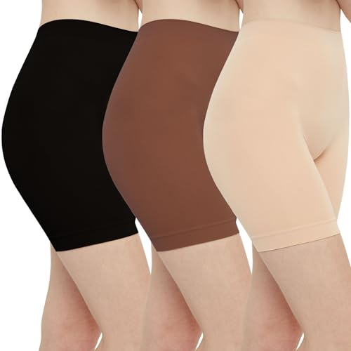 INNERSY Women's High Waisted Anti Chafing Slip Shorts for Under Dresses 3-Pack(Black/Cafe/Light Beige,Medium)