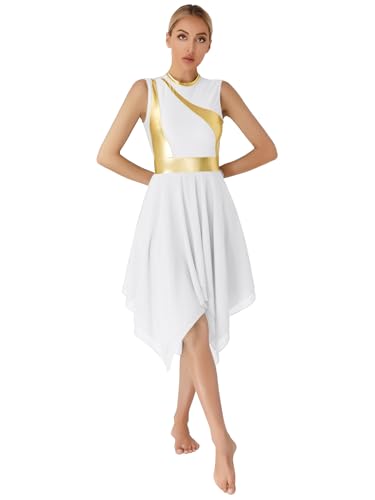 Yihuimin Damen Patchwokr Tanzkleid Metallic Kirche Tanzkostüm Glänzende Lyrischen Kleid Ärmellose Tanzwettbewerb Kleid Weiß S