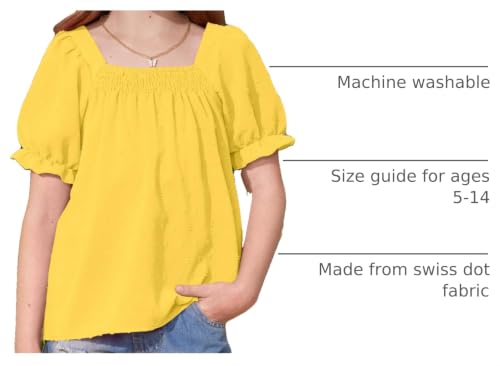 Image of BesserBay Girls Summer Puff Short Sleeve Square Neck Tee Shirts Ruffle Smocked Blouses Cute Swiss Dot Tops 5-14 Years