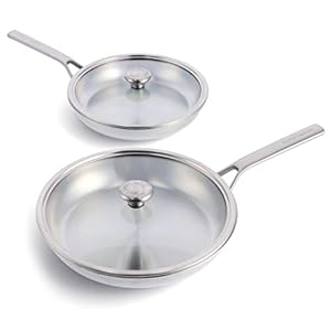Merten & Storck Tri-Ply Stainless Steel 10″ & 12″ Frying Pan Skillet Set with Glass Lids, Professional Cooking, Multi Clad, Drip-Free Pouring Edges, Browning, Induction, Durable,Oven & Dishwasher Safe
