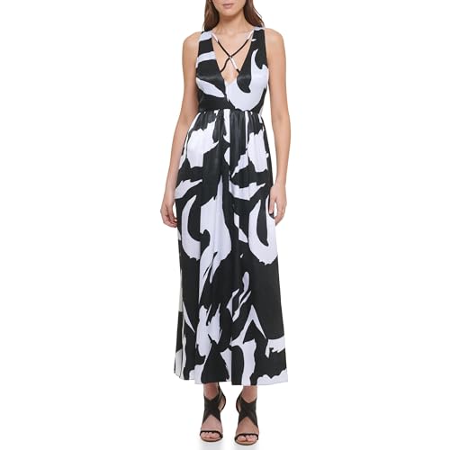 dkny black and white maxi dress DKNY Sleeveless Printed Maxi Dress White/Black Multi XL at Amazon Women's Clothing store