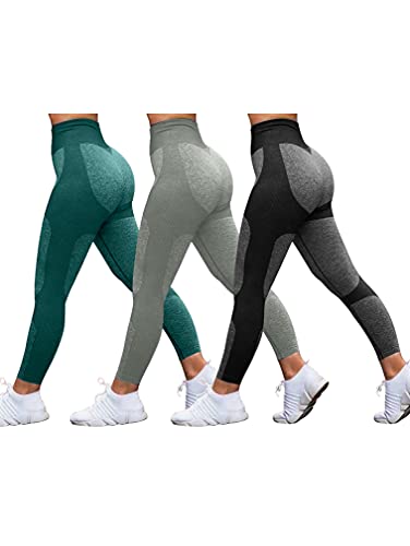 Gxin 3 Pieces For Women Seamless Yoga Athletic Pants Workout High Waist Running Tummy Control Sports Leggings Darkgreen Grey Black #TOP14
