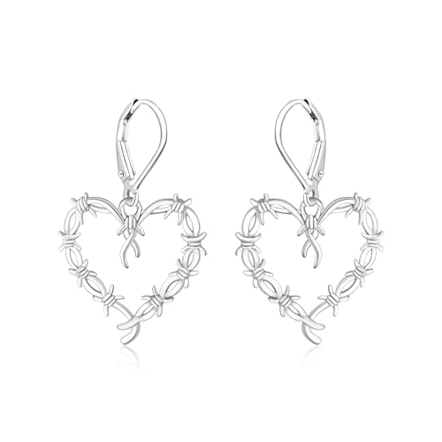 Silver Thorn Heart Dangle Earrings - 925 Sterling Silver Gothic Vintage Barbed Wire Hearts Earrings for Women Man Fans Concert Halloween Jewelry Gift