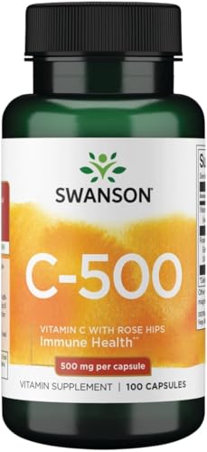 Swanson C-500 - Vitamin C with Rose Hips 500 mg 100 Vegan Caps Immune Antioxidant Eye Heart Metabolic and Collagen Support