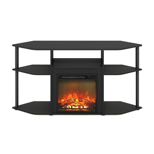 Image of Furinno Jensen Fireplace TV Stand, Corner Entertainment Center, TV Console for TV up to 55 Inch with Fireplace, Plastic Poles and Open Storage, for Living Room, Bedroom, Americano