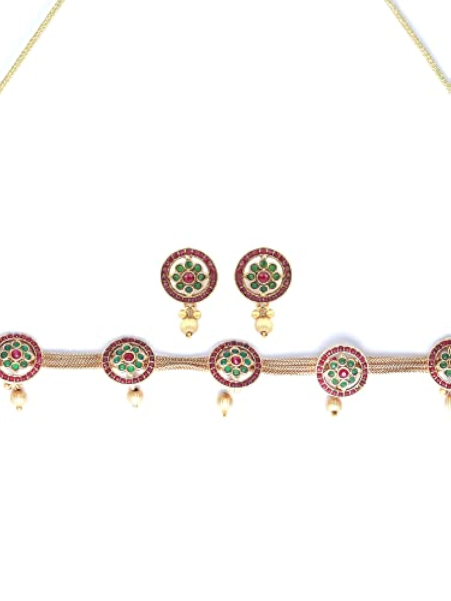 Women's Green & Ruby Floral Plated Jewellery Set, Elegant Gift