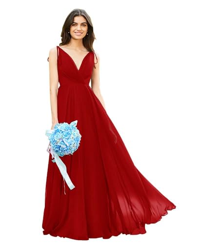 Image of HSFIYAKJ Bridesmaid Dresses Long Chiffon Formal Dress Open Back V Neck Evening Prom Gown for Women with Pockets