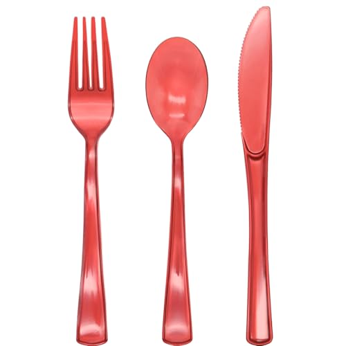 150 Pack Red Plastic Silverware, Red Utensils Heavy Duty, Disposable Plastic Cutlery Include 50 Forks, 50 Spoons, 50 Knives for Birthday, Party, Christmas, New Year