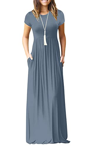 Image of EUOVMY Women's Short Sleeve Loose Plain Maxi Dresses Casual Vacation Long Dresses with Pockets
