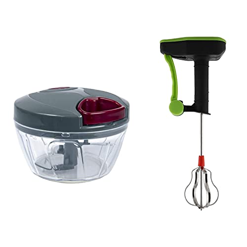 Combo Pack of Handy Mini Plastic Chopper with 3 Blades and Power-Free Manual Hand Blender for Multi Kitchen Cooking, Multicolour