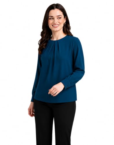 Image of Mirana Women's Full Sleeve Solid Top | Round Neck Pleated Front Regular Fit Office Casual Blouse with Button Cuffs