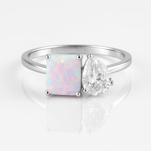 9x7mm Opal & Diamond Ring, Emerald Cut, Two Stone Engagement Ring, 925 Sterling Silver Anniversary Promise Ring Wedding Jewelry Gift for Her2