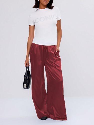 Image of MakeMeChic Women's Summer Satin Silk Pants Casual Flowy Pants Beach Vacation Wide Leg Pants