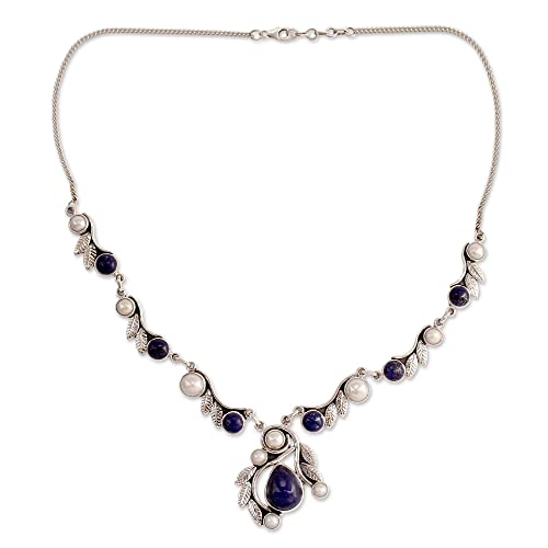 Novica Handmade Cultured Freshwater Pearl Lapis Lazuli Pendant Necklace .925 Sterling Silver From India Blue White Royal Birthstone 'Tropical Fruit' #TOP24