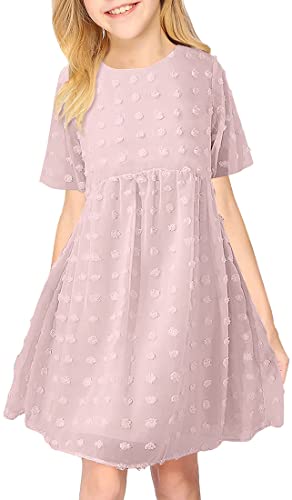 OLIPHEE Vestido de Niñas Fiesta de Boda Lindo Vestido Casual de Manga Larga Princesa Elegante Ropa de Lunares Suizos Chifón Niños Adolescentes 3-12 Años (130,Rosa Claro-1)