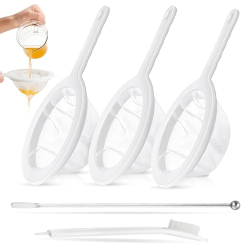 EIH1 Colador fino, set de 3 coladores de nylon ultra-fino con mango, mallas de 100/200/400 micras, con varilla mezcladora y cepillo, ideal para jugos y leche
