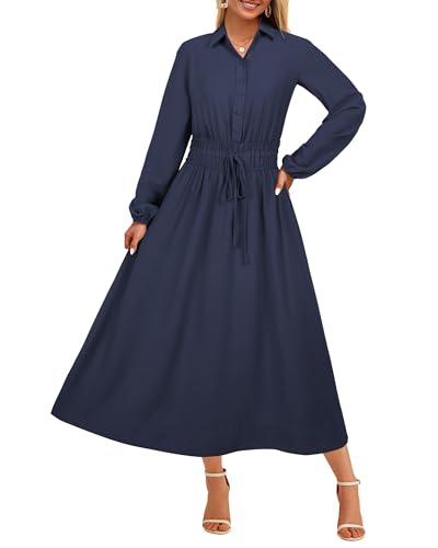 Toplop Damen Kleid Langarm mit V-Ausschnitt & Knopf Knielanges Elegantes Blusenkleid Mit Taschen für Herbst,Frühling & Winter Navyblau XL