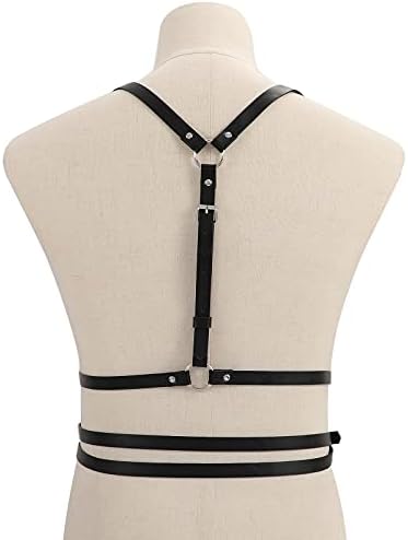 JASGOOD Women's Punk Vest Belt for Dresses Halloween PU Leather Skinny Body Adjustable Belt with Gothic Circle for Cosplay Party.