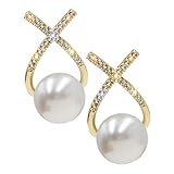 LALADEFIEE Pendientes de Perlas con Circonitas Dorados para Mujer Joyería Elegante para Boda y Uso Diario Diseño Pequeño y Sofisticado