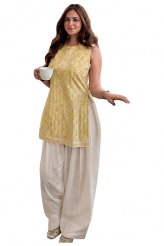 Image of ANNI Designer Farshi Salwar Suit for Women Cotton Printed | Co Ord Set for Woman | Straight Kurta Palazzo Outfit Mandarin Collar Sleeveless Ethnic Dress Womens Clothing