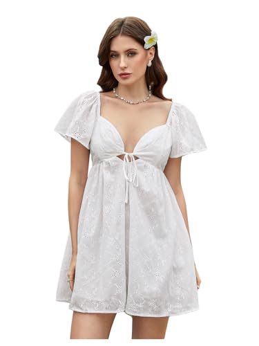 Image of MakeMeChic Women's Casual Ruffle Mini Dress Summer Flutter Sleeve V Neck Tie Front Cutout A Line Dress