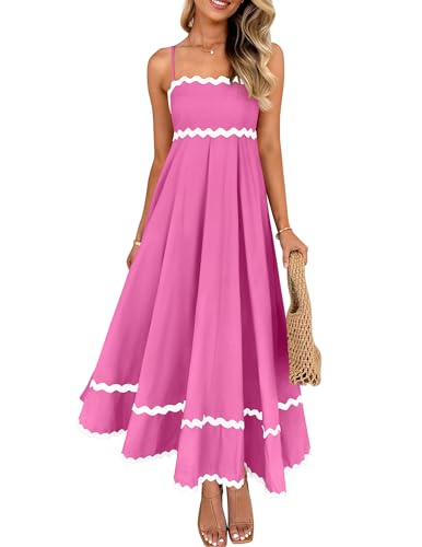 ZESICA Women's 2025 Summer Spaghetti Straps Sleeveless Backless Sundress Flowy Smocked Lace Swing A Line Midi Dress,Rosepink,Small