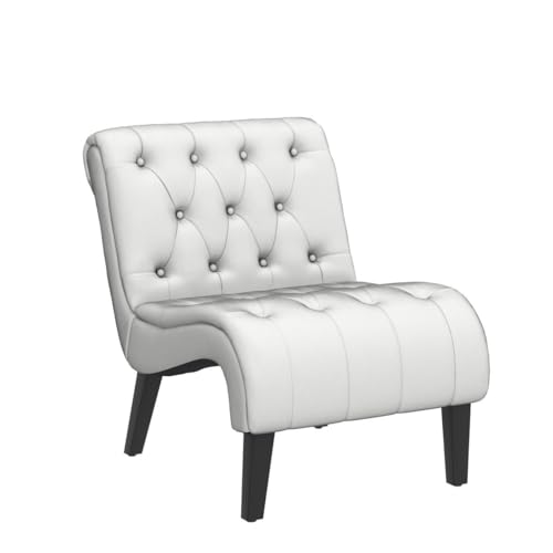 AVAWING Armless Accent Chair, Upholstered Button Tufted Living Room Chairs with Wood Legs, Comfy Frosted Velvet Lounge Chair Reading Chair for Bedroom, Cream White