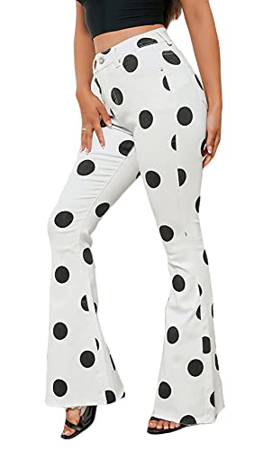 CHARTOU Women's Retro High Rise Polka Slim Fit Dot Bell Bottom Denim Jeans