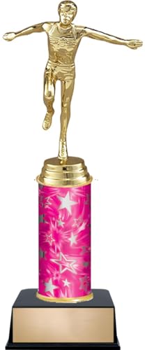 11" Track Finish Line Male Trophies - Custom Engraved Running Pink and Silver Star Column Trophy Awards