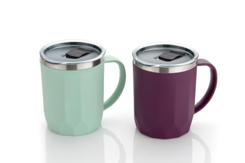 Image of MAGIC SPOON Stainless Steel Travel Coffee Mug with Sipper Lid & Handle, Insulated Tea Cup, BPA-Free Double Wall Tumbler for Hot-Cold Beverages, Office, Home,Car- PISTA-PURPLE, (Combo Pack (400ml X 2))