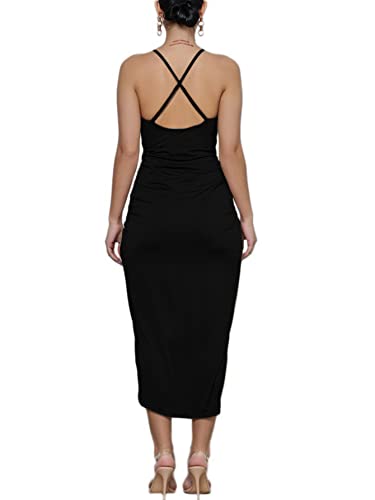 Lyaner Women's V Neck Ruched Wrap Slit Hem Sleeveless Spaghetti Strap Midi Bodycon Dress Black Medium #TOP20
