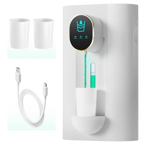 Image of Oylik Automatic Mouthwash Dispenser 18.26 oz Touchless Mouthwash Dispenser for Bathroom 2 Magnetic Cup USB Rechargeable and 3 Dispensing Levels with Led Screen Wall-Mounted or Countertop Use-White
