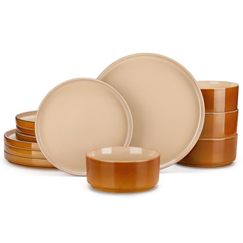 Image of vancasso ONION Ceramic Plates and Bowls Sets, 12 Pieces Brown Dinnerware Sets for Kitchen, Reactive Glaze Dishes Set for 4, Dishwasher and Microwave Safe