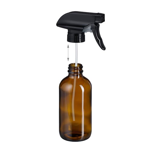 Relaxdays Sprühflasche Glas, 4er Set, 250ml, Nebel & Strahl, Wassersprüher für Haare, Reinigung, Pflanzen, braun/schwarz.