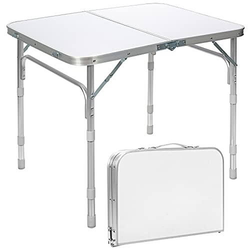 Goplus Aluminum Folding Table, Modern White Rectangular Dining Table, 24 in x 31.5 in x 26 in, Outdoor Indoor Use, 66 lbs Capacity, 3 Height Settings, Foldable for Easy Storage