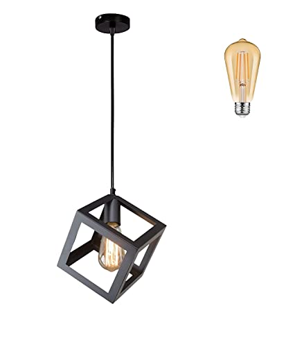 Image of Metal Square Cube Ceiling Light for Living Room (Black, with Bulb)