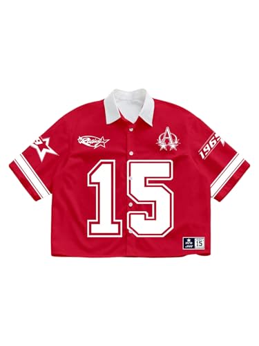 GORGLITTER Men's Letter Graphic Button Down Cropped Shirt Oversized Collared Rave Jersey Crop Tops