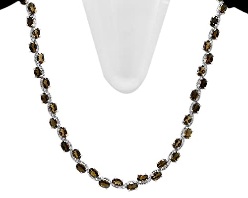 925 Sterling Silver Natural 6X4 Mm Oval Cut Brown Smokey Quartz Chain Adjustable Women Necklace June Birthstone Wedding Jewelry Gift For Bridal (21 Inches, Black Rhodium Plated Silver) #TOP5