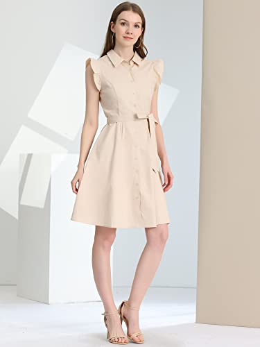 Image of Allegra K Women's Ruffled Sleeve Casual Office Dress Tie Waist Button Down Cotton Shirt Dresses