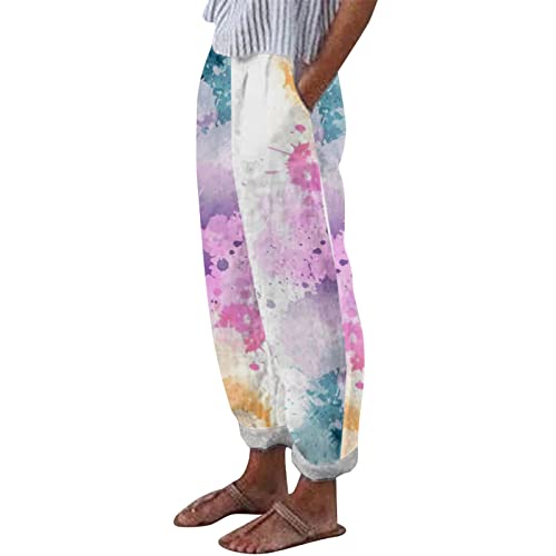 Leinen-Caprihose für Frauen, hohe Taille, aufrollbare Loungehose mit...