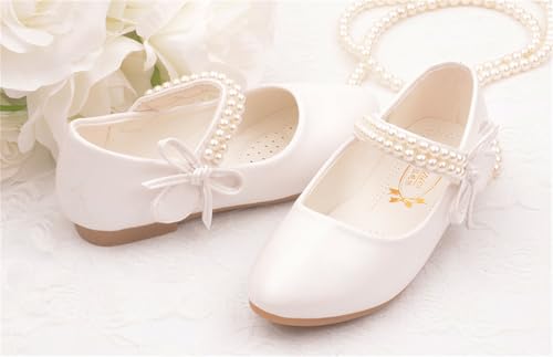 Girls Dress Shoes Mary Jane Sparkly Ballet Flats for Kids Pearl Chain Princess Shoes for Dress-Up Party 80064