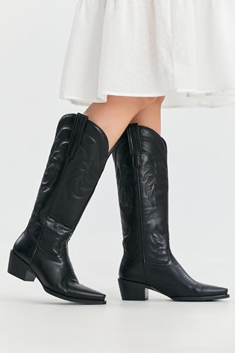 Image of iiimmu Cowboy Boots for Women Black Knee High Boots Pointed Toe and Chunky Heel Western Boots PU Leather Boots with Embroidered, Size 6.5