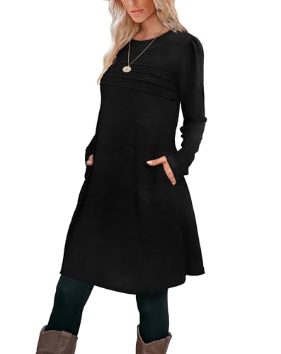 Image of OFEEFAN Womens Long Sleeve Tunic Dress Fall Fashion Sweater Dress with Pockets Pleated Front Casual Winter