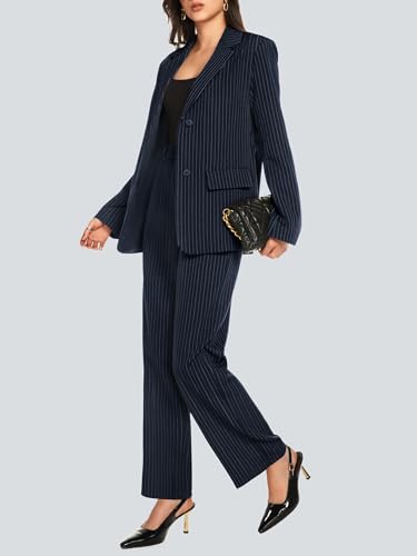 Women's 2 Piece Pant Suit Business Casual Outfits Striped Notched Collar Blazer Wide Leg Pants Sets2