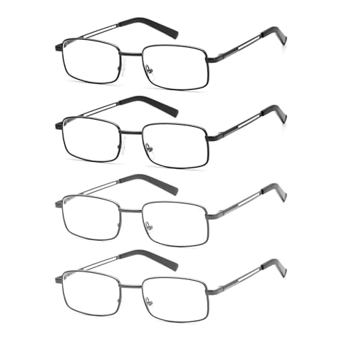 HIGHLIKE 4-Pack Reading Glasses Men, Metal Stainless Flex Readers with Soft Cases, Clear Lens Blue Light Glasses, 2 Black 2 Gunmetal 2.75 x Cover